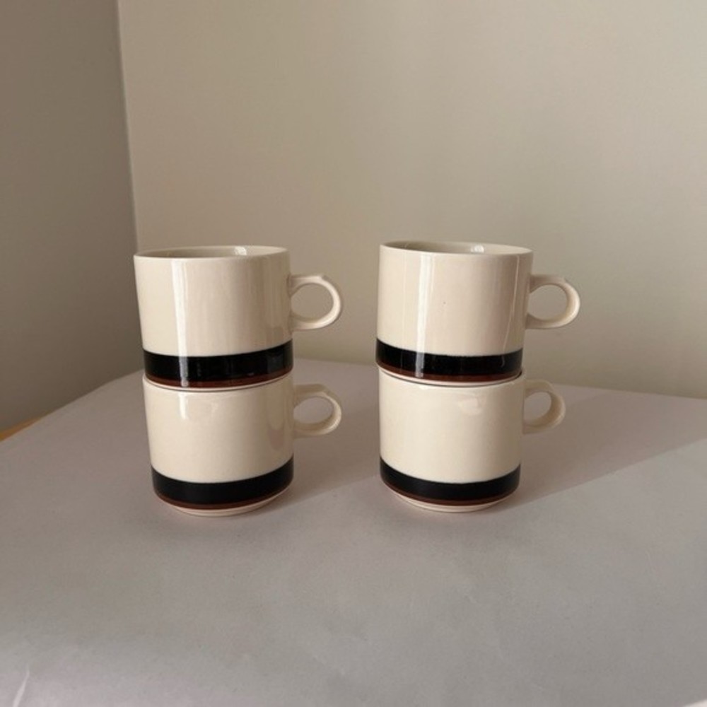 Vtg MCM Stoneware Japan Coffee Mugs Set of 4 Brown Stripe Retro 70s Earth Tones